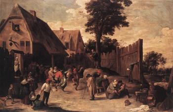 David Teniers The Younger : Peasants Dancing Outside An Inn